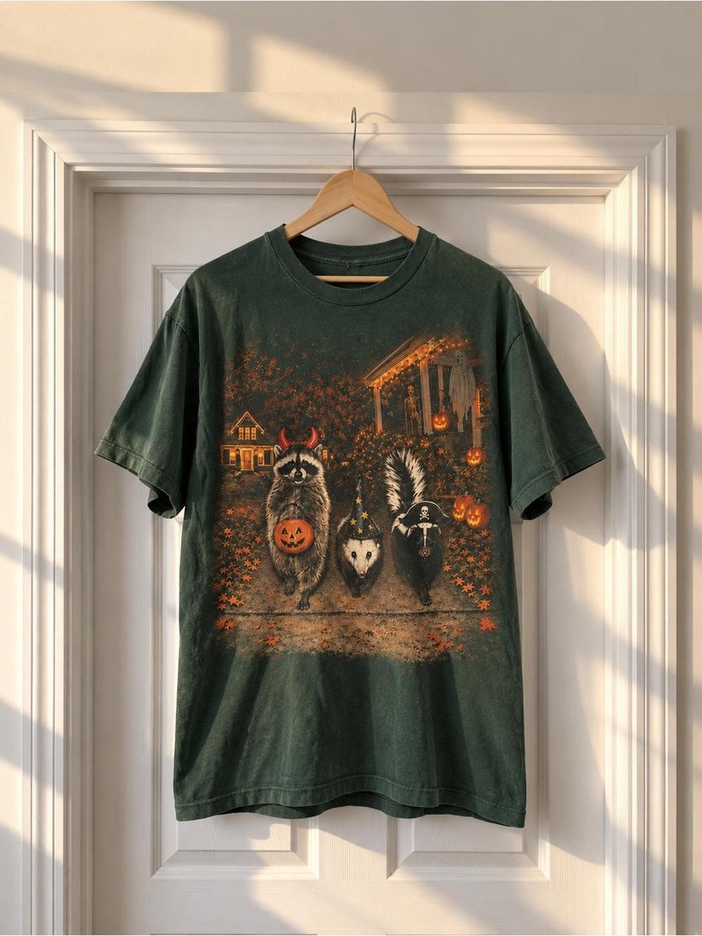 Halloween Raccoon Opossum Skunk Graphic T-Shirt Military Green Unisex